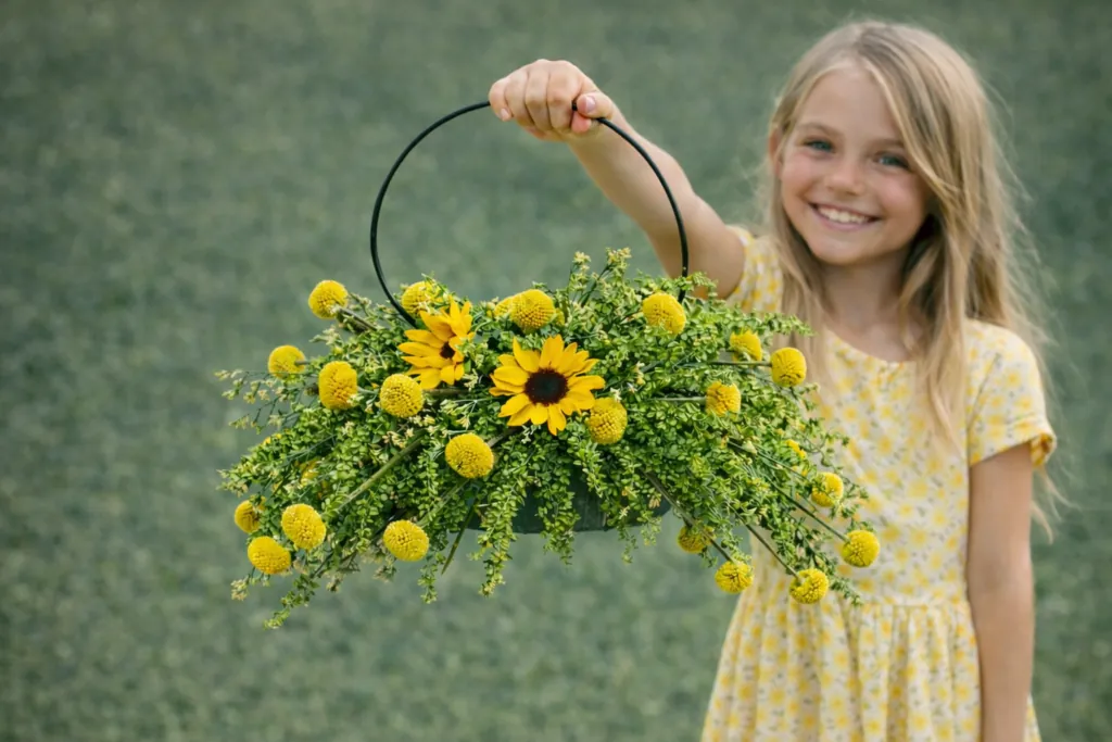 happy yellow day - a girl holds a basket of yellow flowers